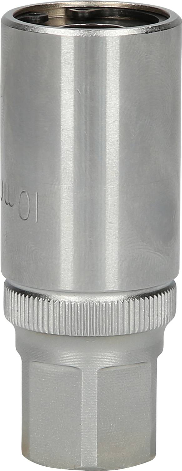 Ein silberner Steckschlüsselaufsatz aus Metall, zylindrisch geformt, mit geriffeltem Griff.