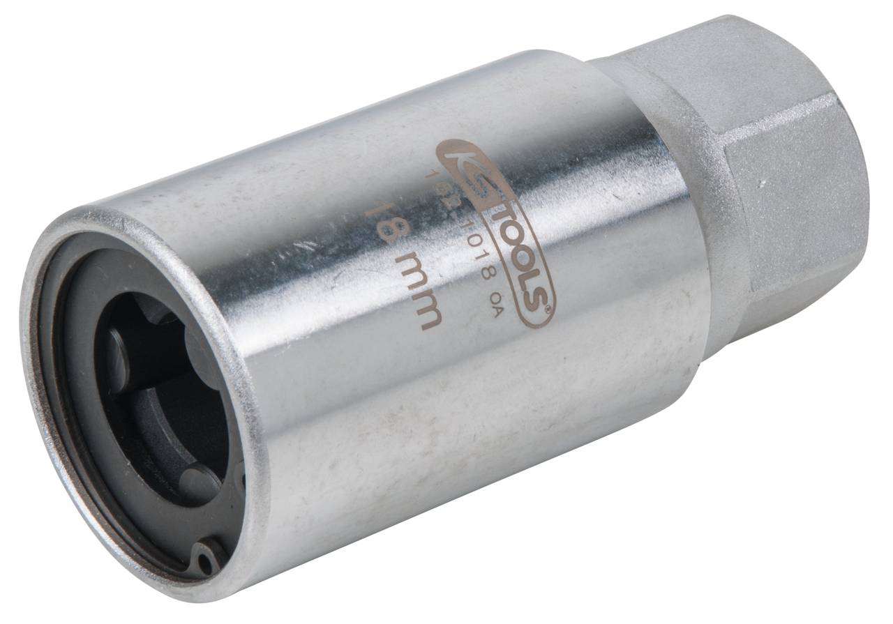 Ein silberner Steckschlüsselsatz von KS Tools mit 18 mm Größe, auf einer weißen Oberfläche liegend.