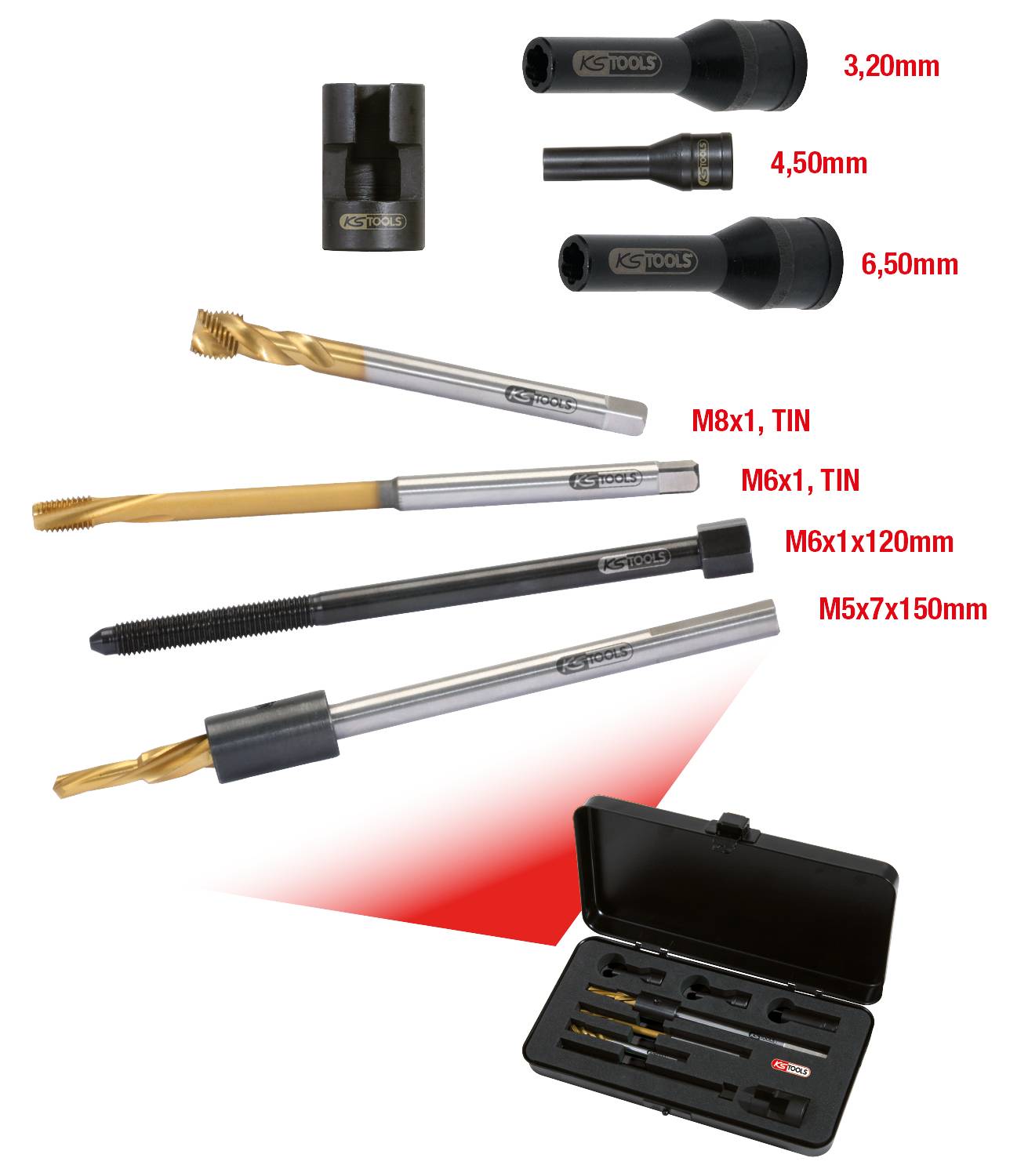 Satz aus verschiedenen Gewindebohrern und Einsätzen in unterschiedlichen Größen mit TIN-Beschichtung, inklusive Aufbewahrungsbox.