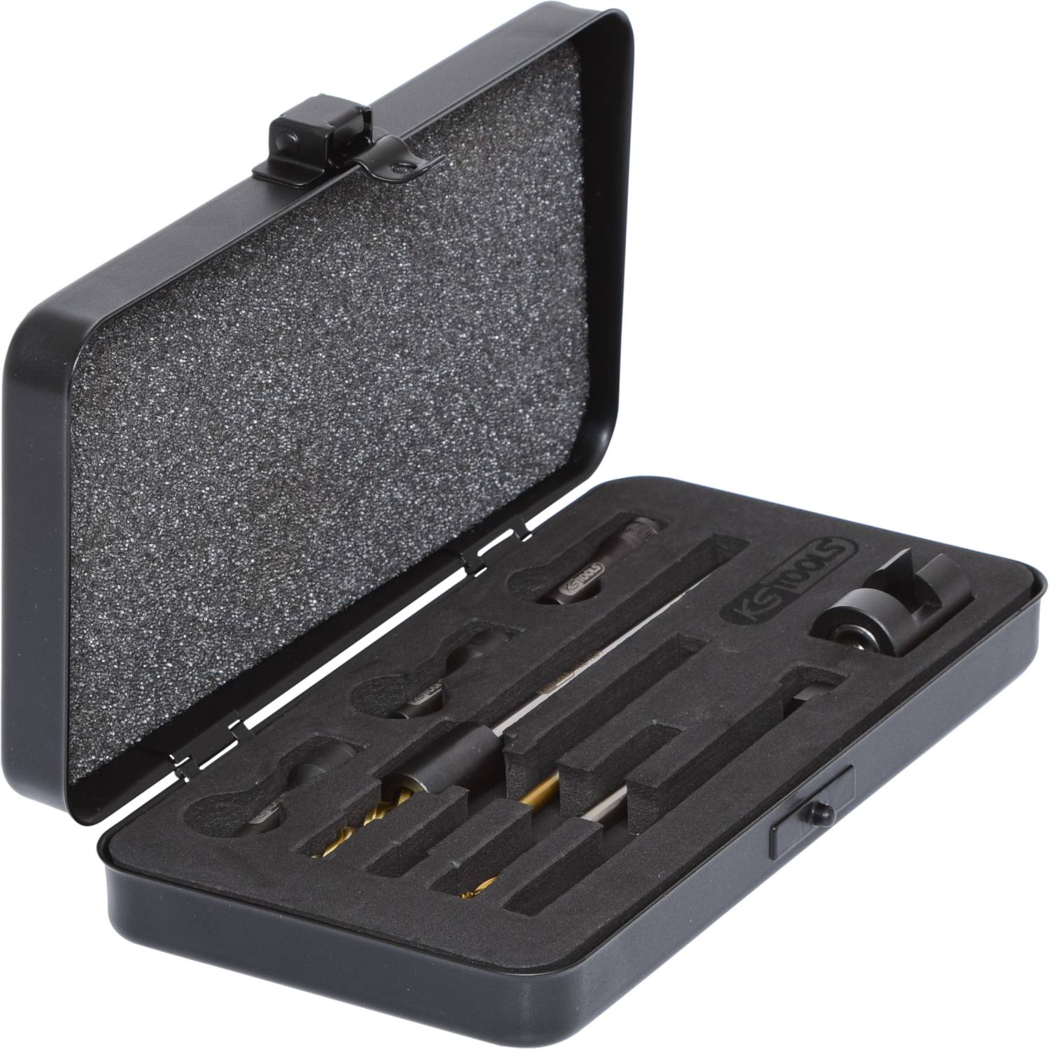 Bohrer-Set in einem offenen schwarzen Etui mit mehreren Fächern, die verschiedene Bohrer und Bits enthalten.