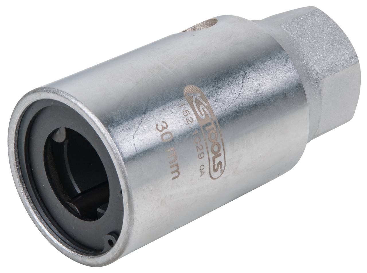 Ein silberfarbener Steckschlüssel-Aufsatz mit 30 mm Durchmesser, geeignet für die Reparatur oder Wartung von Fahrzeugteilen.