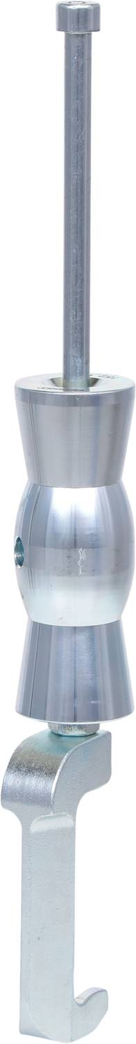 Ein silbernes Metallwerkzeug mit einem langen Griff und einem gebogenen Haken am unteren Ende. Es wirkt robust und industriell.