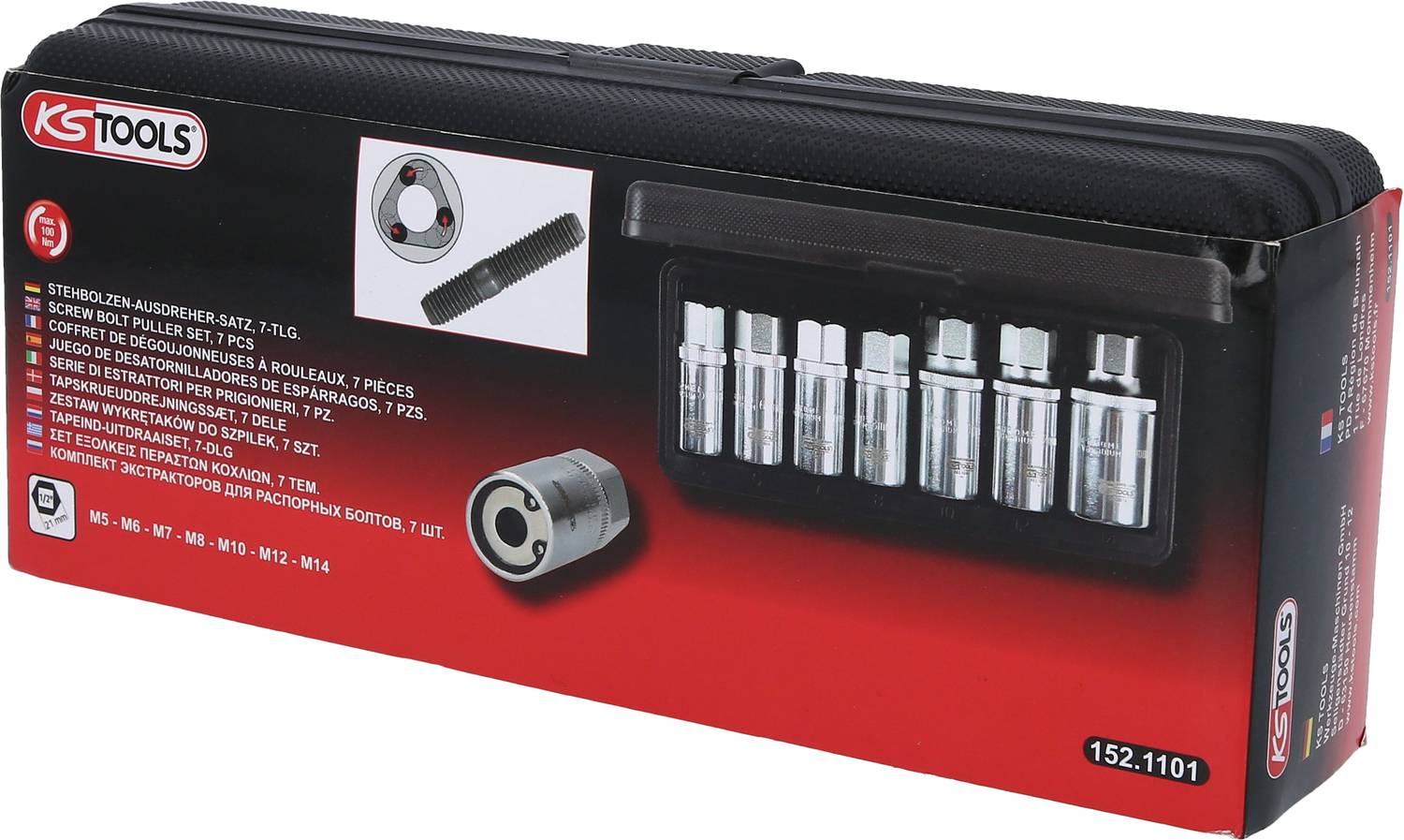 'Satz von 7 Schrauben-Extraktoren in einem KS Tools Etui, mit verschiedenen Größen für den Einsatz bei beschädigten Schrauben.'