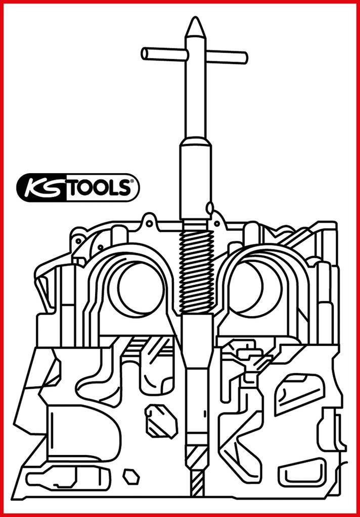Eine technische Zeichnung zeigt ein Werkzeug über einem Zylinderkopf mit Logo 'KS TOOLS'. Das Werkzeug ragt vertikal aus der Mitte heraus.
