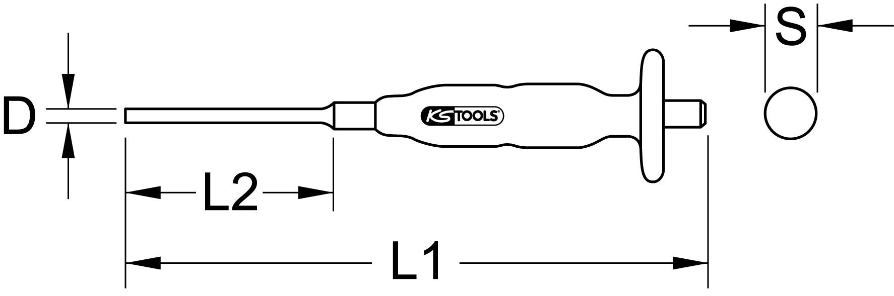 Zeichnung eines Schraubendrehers mit Maßen: D für Durchmesser, L1 und L2 für Länge, S für Griffdurchmesser. KS Tools-Logo auf Griff.