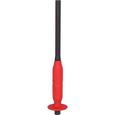 Ein roter Gummigriff mit einem langen, schwarzen Stab aufrecht stehend vor weißem Hintergrund. Geeignet für handwerkliche Arbeiten.