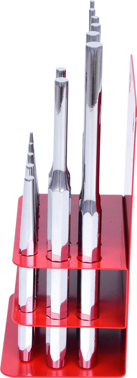 Vier stufenförmige Metallstifte in einem roten Halter, gestaffelt nach Größe. Werkzeug für präzise Arbeiten, wie Bohren oder Fräsen.