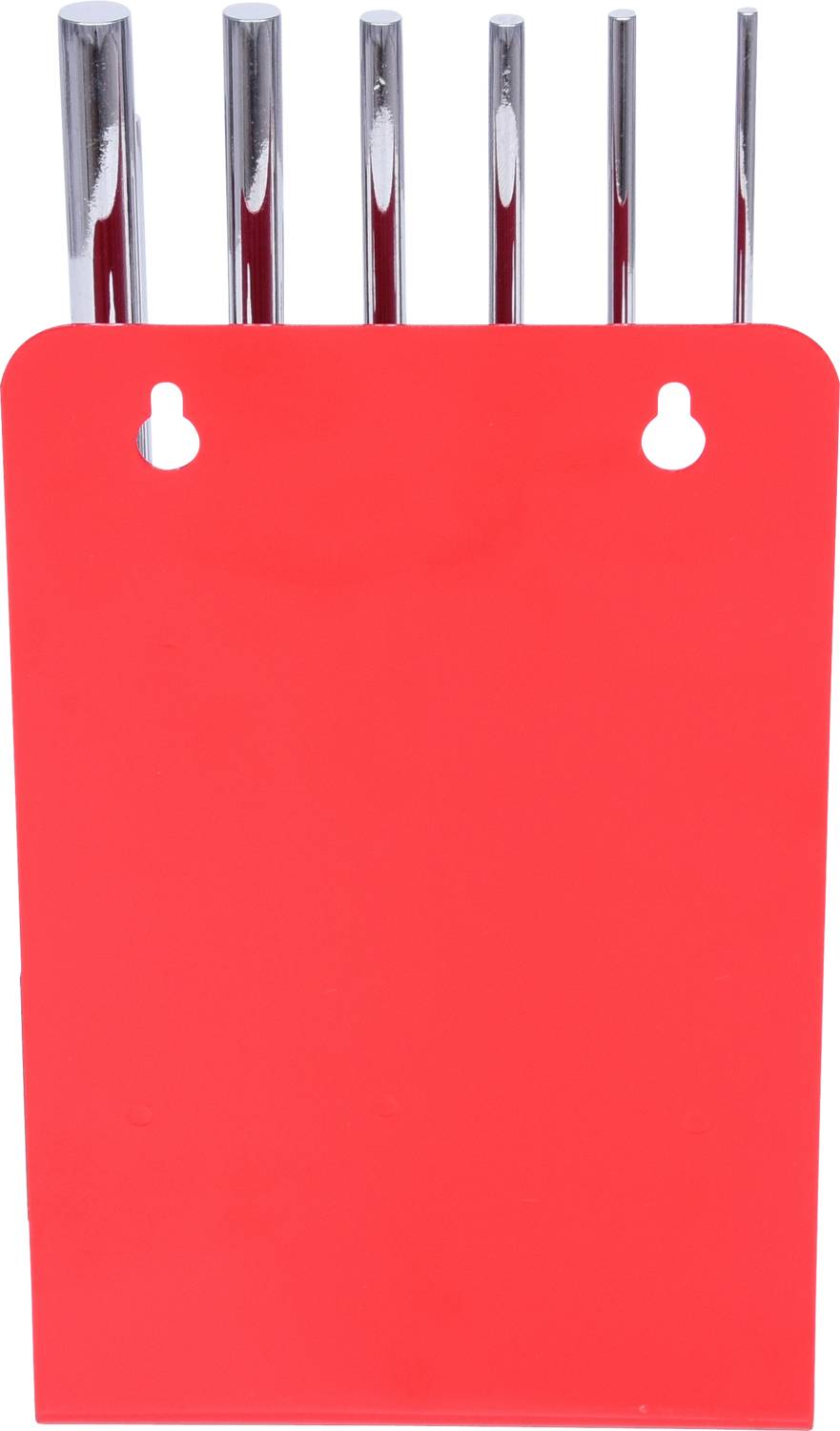 Rote Kunststoffplatte mit fünf hervorstehenden Metallstangen.