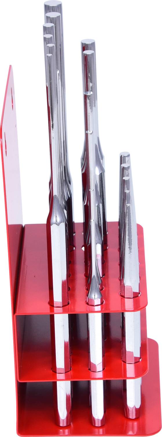 Ein Satz von fünf silbernen Werkzeugen in unterschiedlicher Größe, vertikal auf einem roten Rack angeordnet.