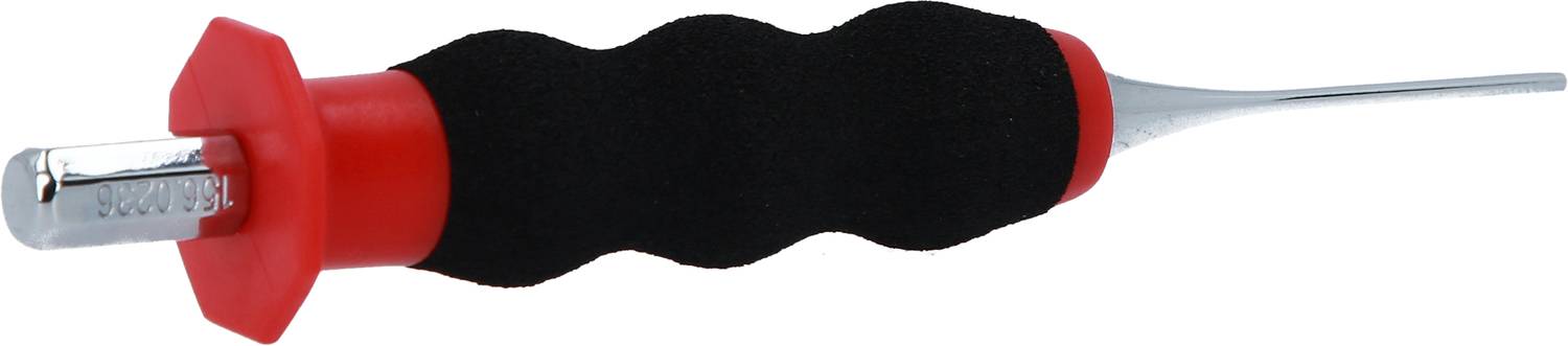 Werkzeug mit einem roten und schwarzen Griff, Metallspitze rechts, flacher Metalleinsatz links. Geeignet für präzises Arbeiten.