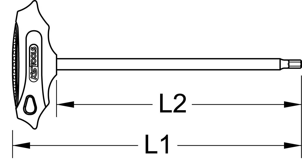 Ein Schraubendreher mit T-Griff, gekennzeichnet mit Längenangaben L1 und L2 auf dem Schaft, verwendet für präzises Schrauben.