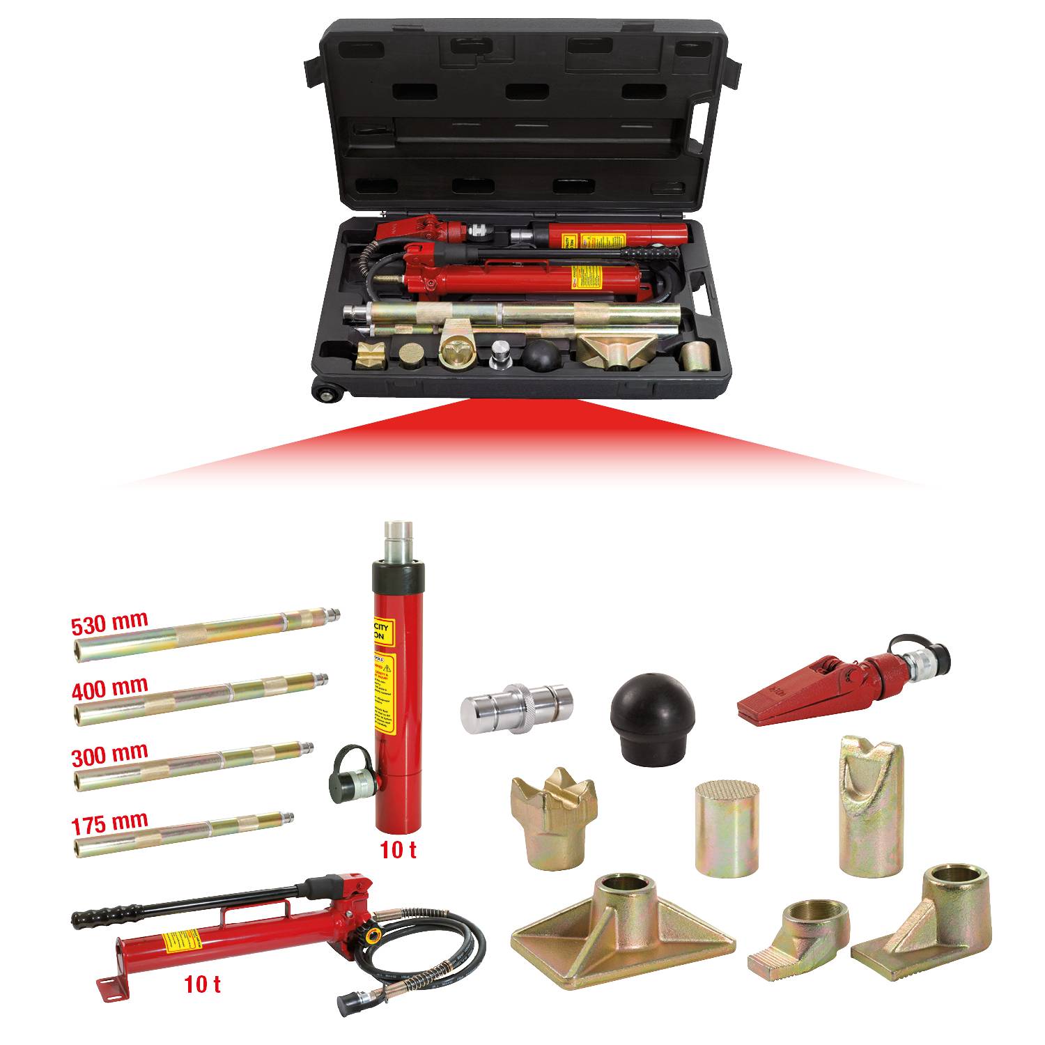 'Satz mit hydraulischem Handpressewerkzeug und diversen Aufsätzen in einem schwarzen Koffer. Verschiedene Verlängerungen und Köpfe sind enthalten.'