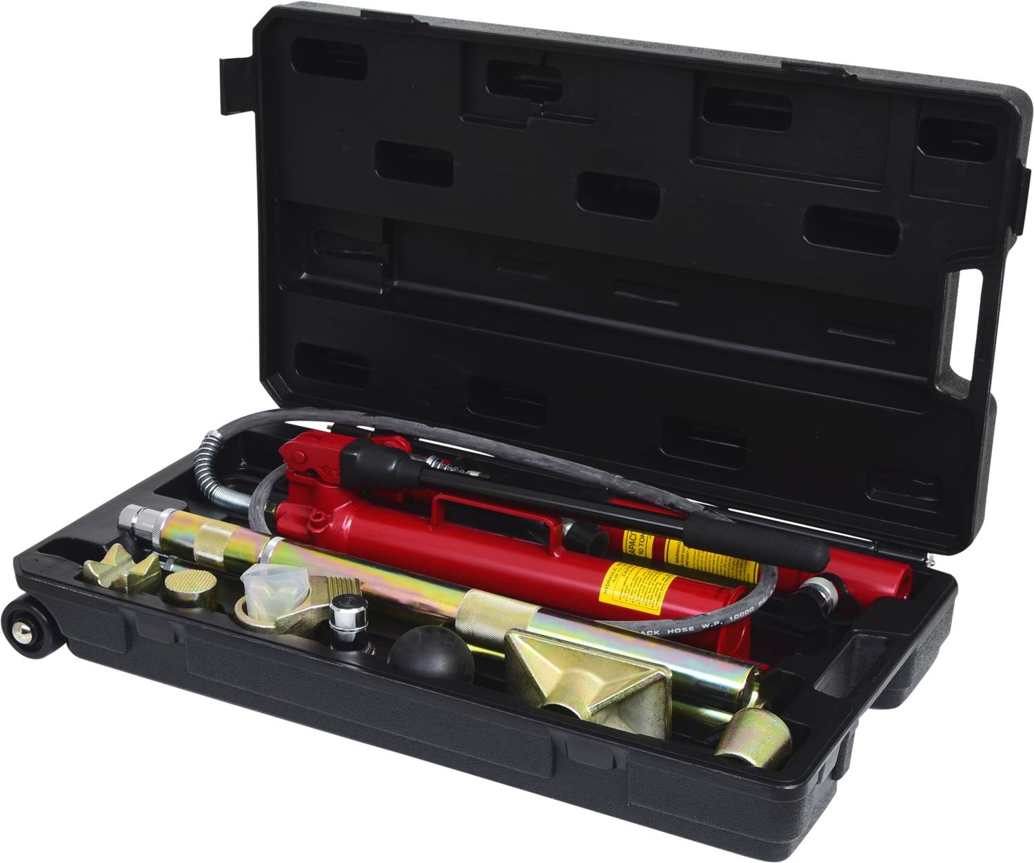 Ein hydraulisches Werkzeugset in einem offenen schwarzen Koffer, das einen roten Hebel und diverse Metallaufsätze enthält.