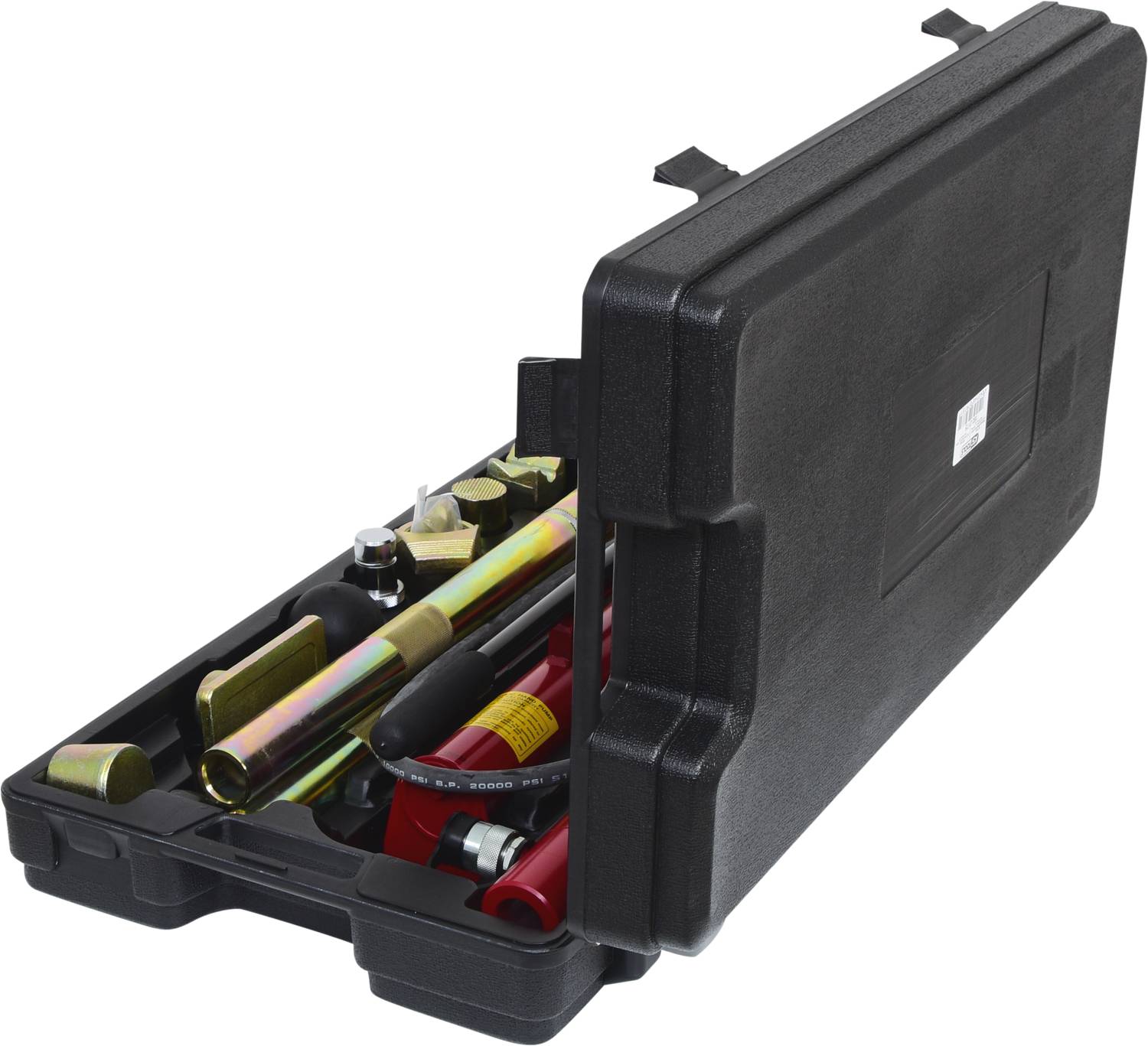 Ein geöffneter schwarzer Werkzeugkoffer mit verschiedenen Metallwerkzeugen und Zubehör.