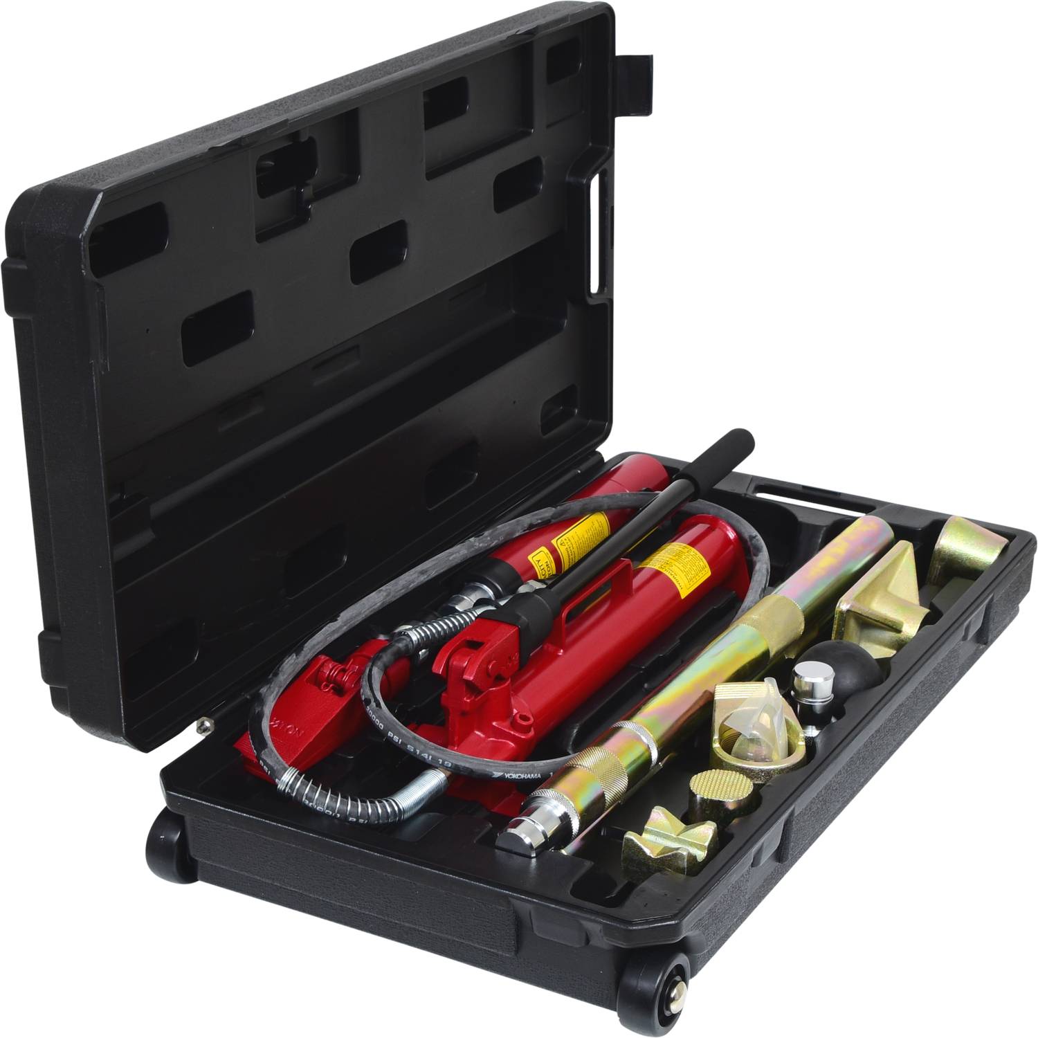 'Werkzeugsatz in einem offenen schwarzen Koffer mit roten und metallischen Teilen, geeignet für hydraulische Anwendungen und Reparaturen.'