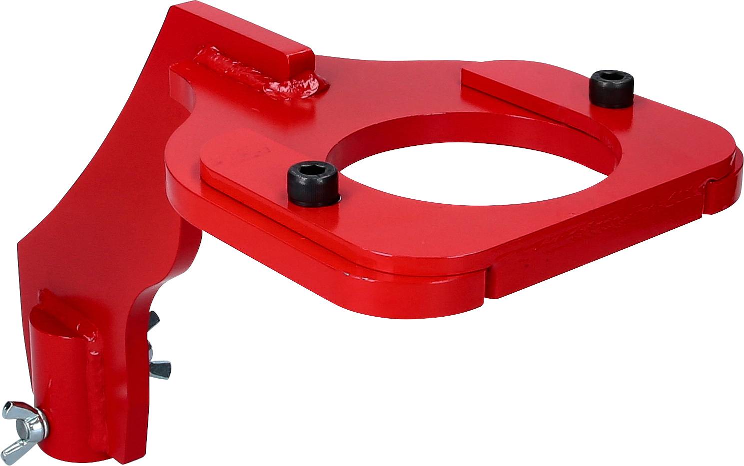 Ein rotes, metallisches Halterungsteil mit rundem Ausschnitt, zwei Schrauben an der Basis und einem Einstellmechanismus oben.