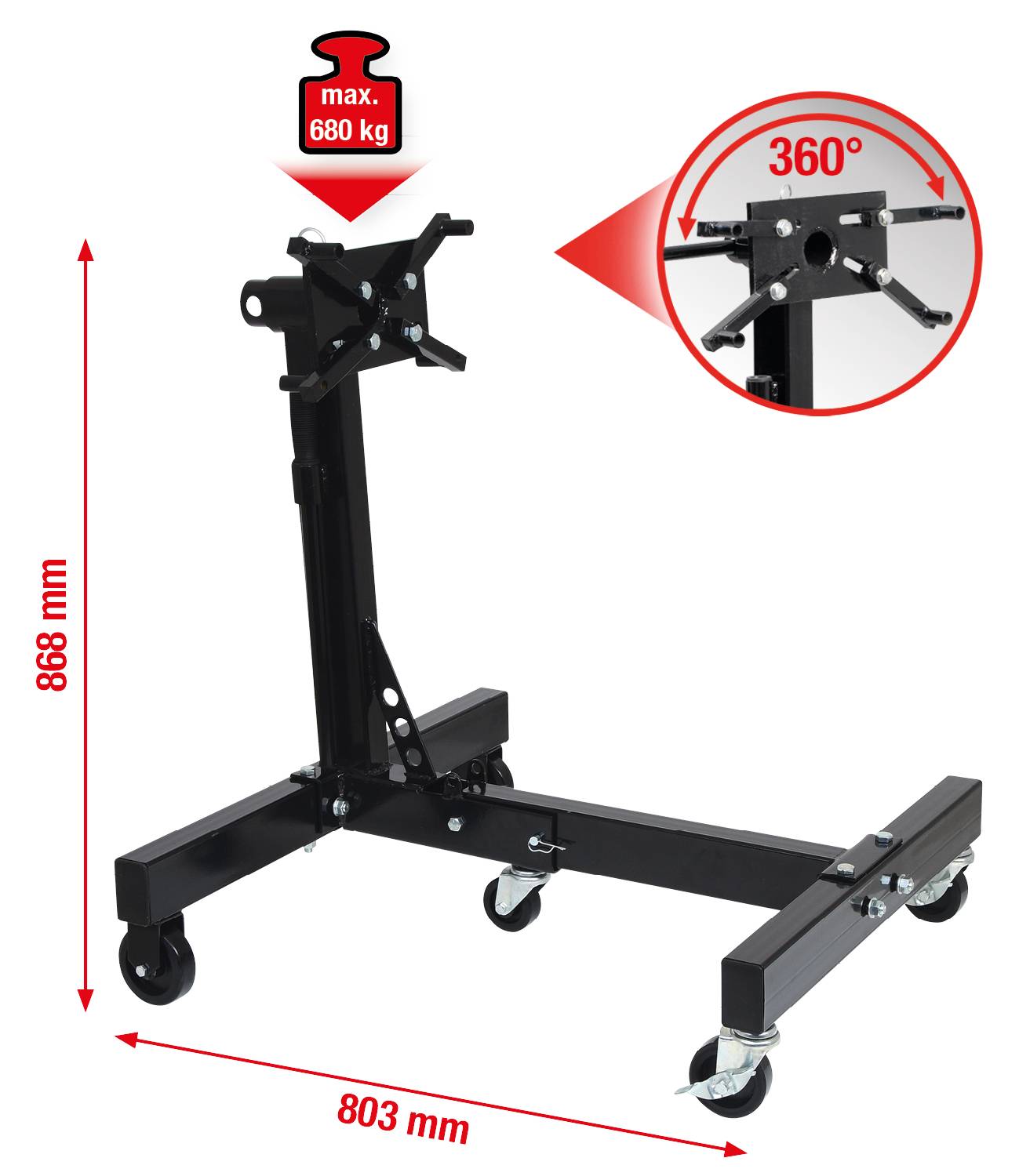 'Schwarzer Motorständer auf Rollen, tragfähig bis 680 kg, mit drehbarer Halterung. Maße: 868 mm hoch, 803 mm breit.'