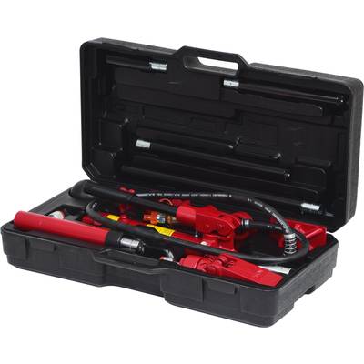 Ein schwarzer Werkzeugkoffer mit geöffnetem Deckel zeigt diverse rote Hydraulikwerkzeuge und Schläuche für professionelle Reparaturarbeiten.