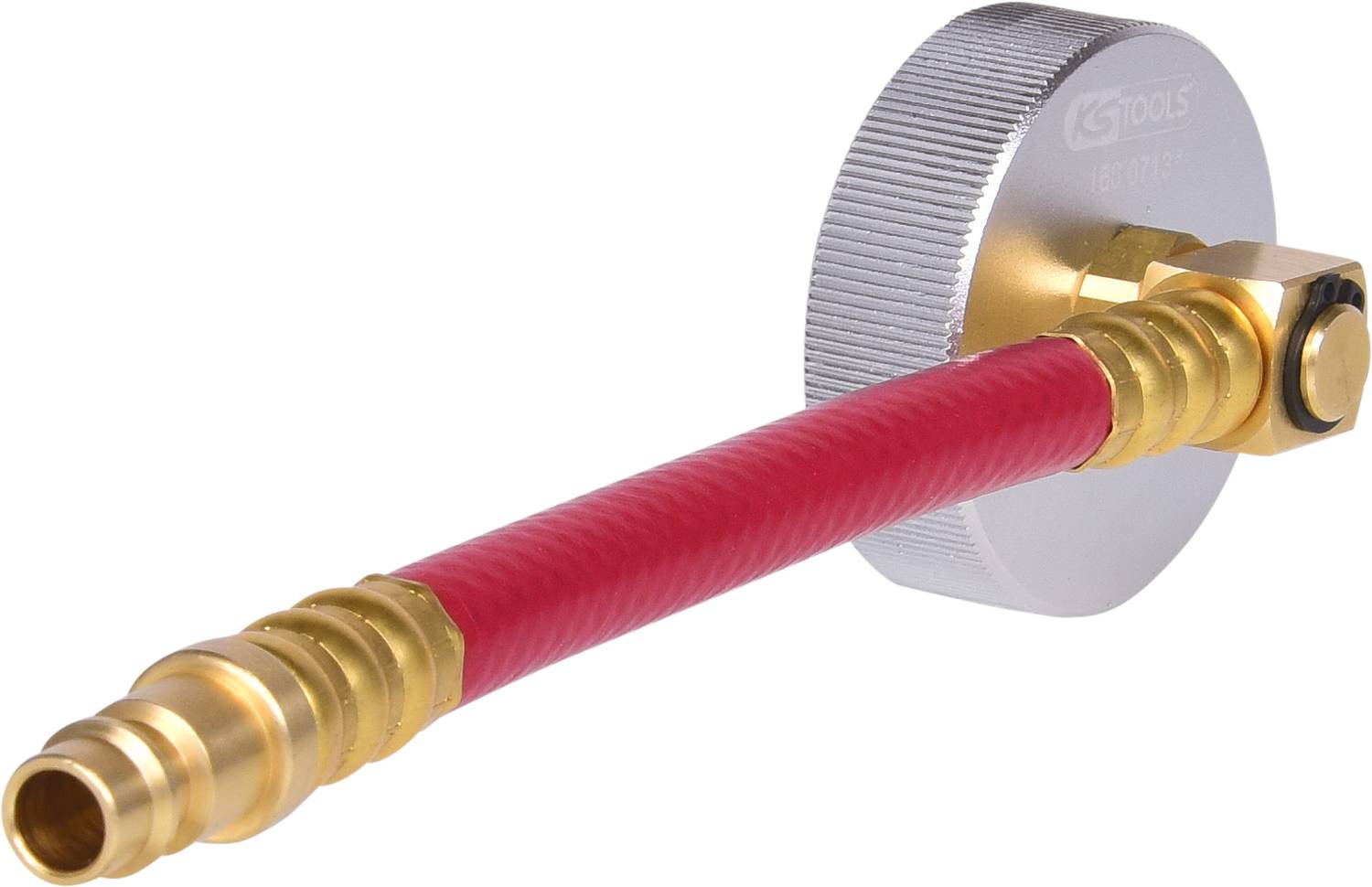 Ein silbernes Werkzeug mit geriffelter Kappe und einem roten Schlauch, verbunden mit einer goldfarbenen Kupplung.