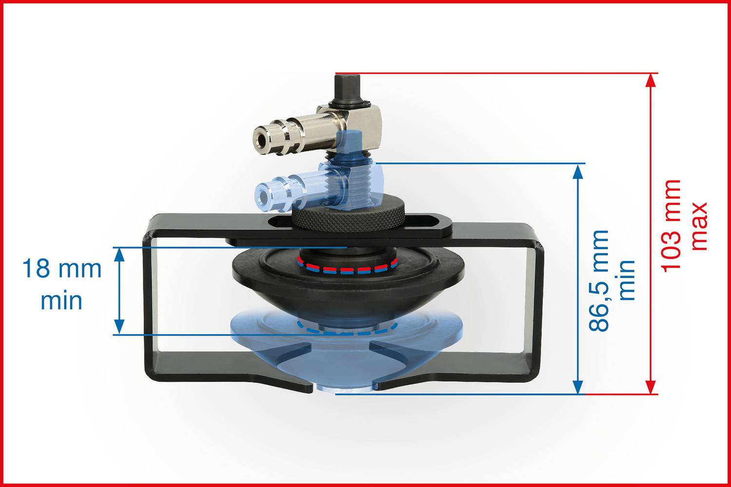 Technische Zeichnung einer Vakuumgreifer-Baugruppe mit Abmessungen: 18 mm minimal, 86,5 mm bis 103 mm maximal, zeigt Anschlüsse.