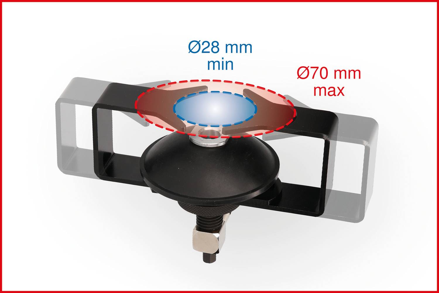 Eine schwarze Vorrichtung zum Halten von runden Objekten, mit minimalem Durchmesser von 28 mm und maximalem von 70 mm, dargestellt.