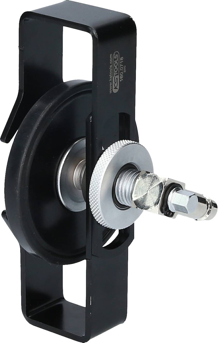 Ein schwarzer Riemenspanner für Fahrzeugmotoren, bestehend aus schwarzem Kunststoff und Metallkomponenten, mit Schraubmechanismus.