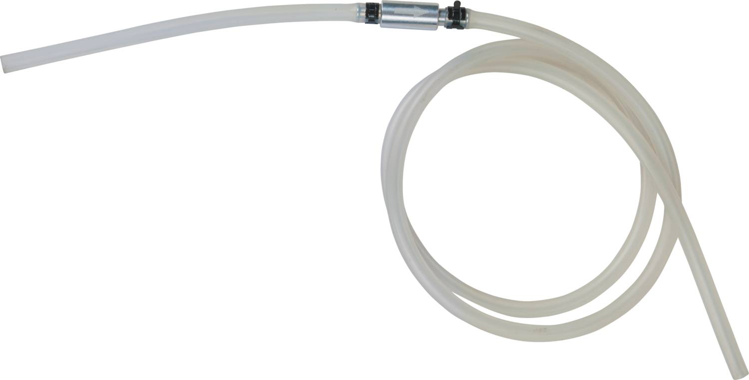 Ein transparenter Schlauch mit einer Metallverbindung in der Mitte; möglicherweise zum Transport von Flüssigkeiten geeignet.