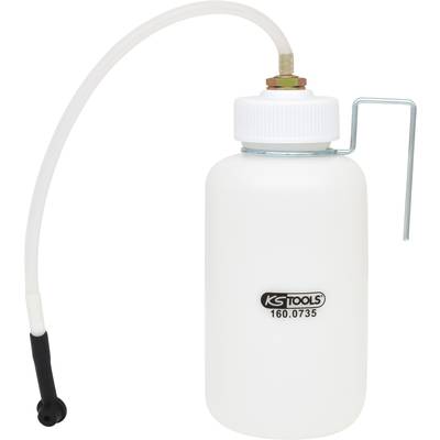 Eine weiße Kunststoffflasche mit Schlauch und KS Tools Logo, verwendet als Flüssigkeitsbehälter. Ideal für Werkstattanwendungen.