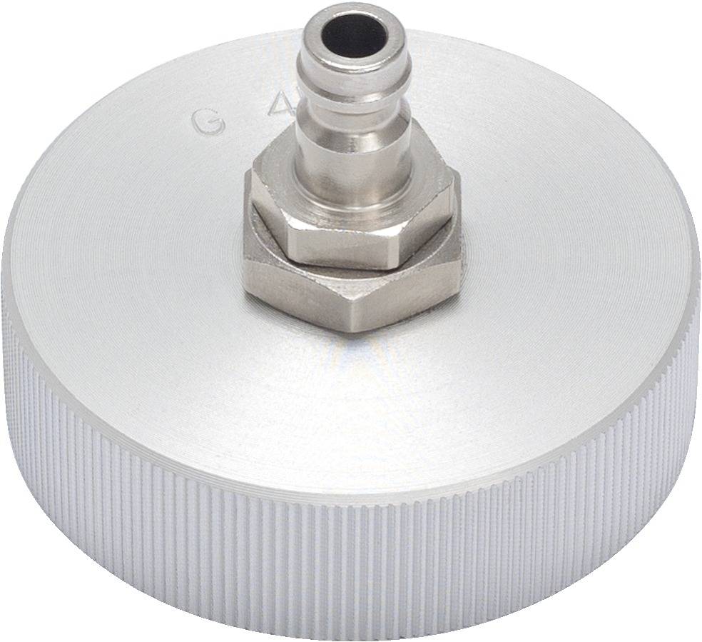 Ein zylinderförmiger, silberfarbener Adapter mit geriffeltem Rand und einer zentralen Metallverbindung, vermutlich für Schlauchanschlüsse.