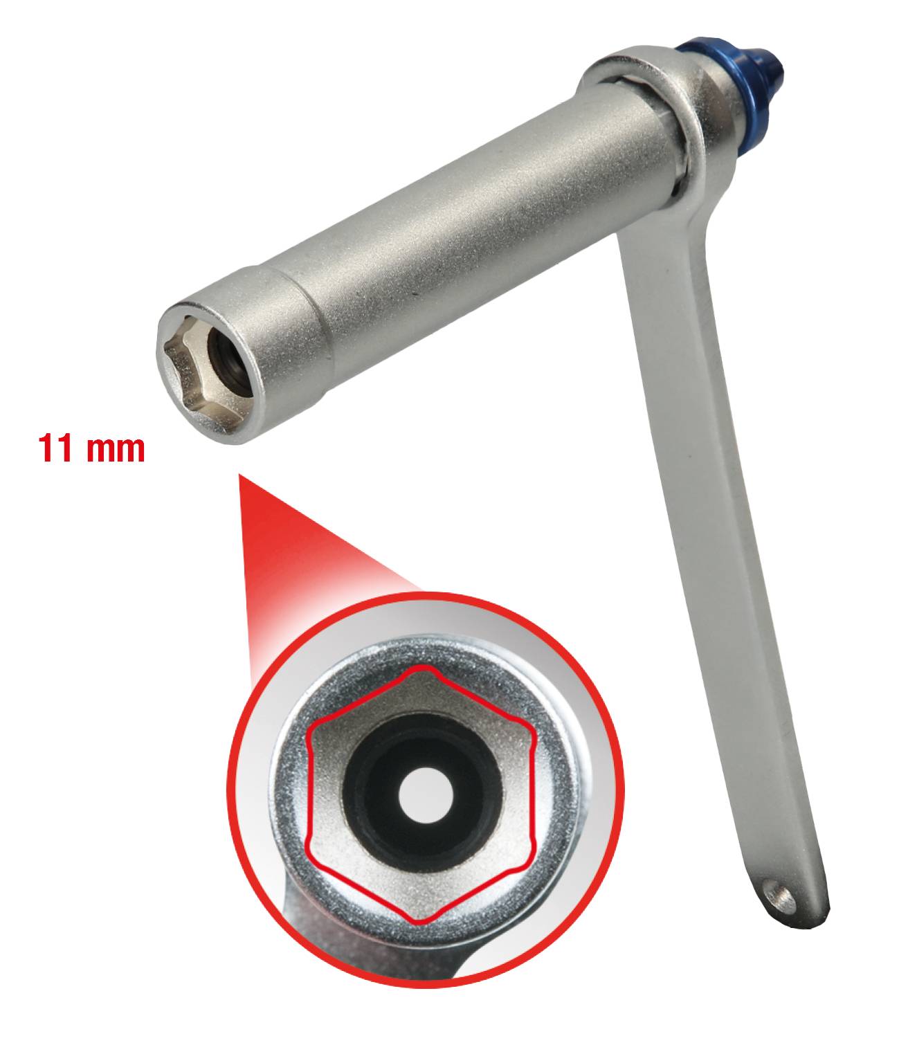 Silberner Schraubenschlüssel mit Hebelgriff und 11-mm-Sechskant. Detailansicht zeigt die Innenseite der Mutteraufnahme.