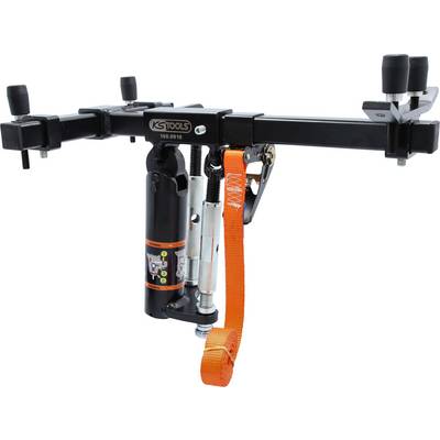 Ein Motortraverse-Werkzeug von KS Tools mit schwarzer Traverse und orangem Gurt, verwendet zur sicheren Fixierung von Motoren.