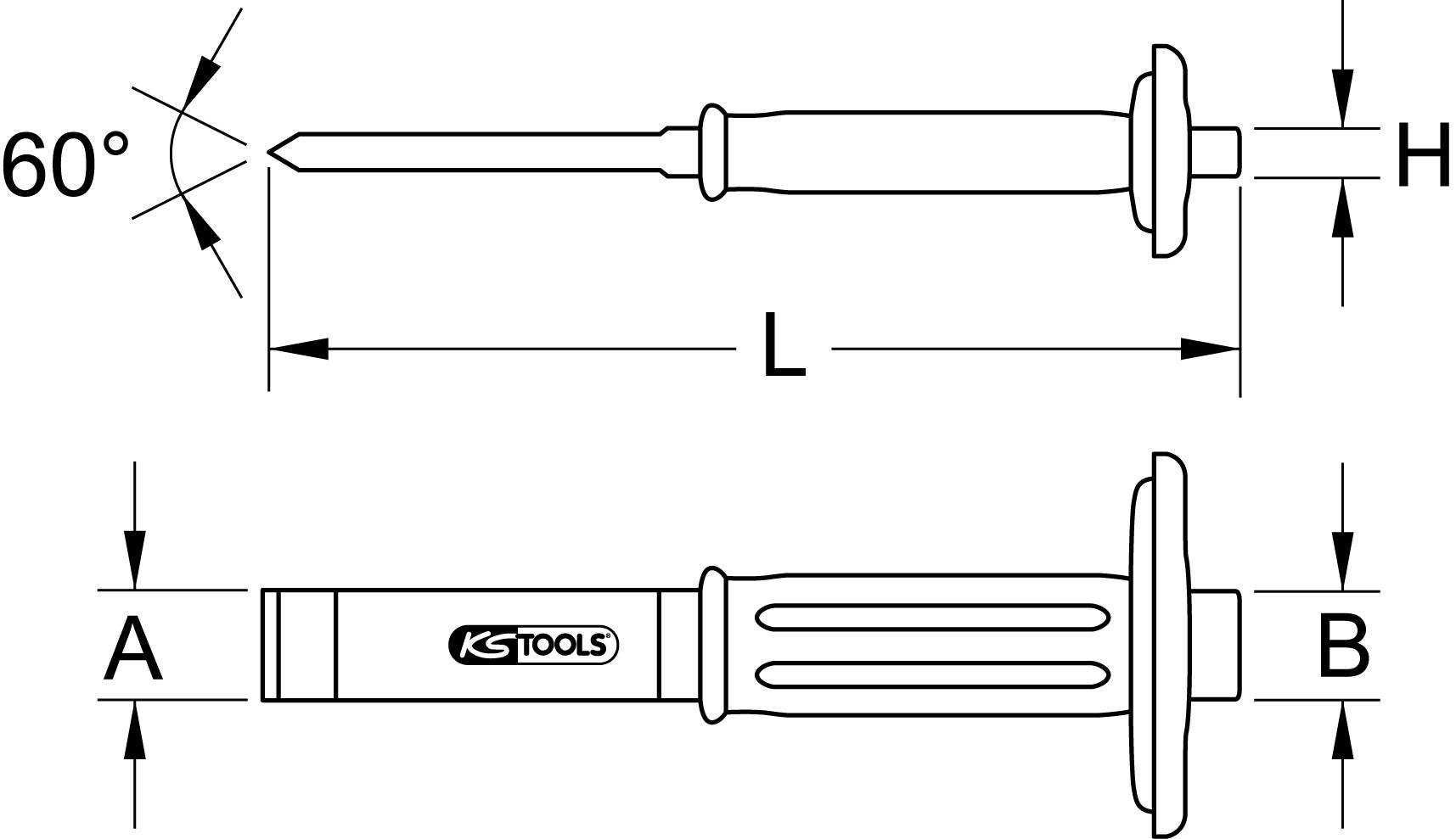 'Zeichnung eines Werkzeugs mit Abmessungen: 60° Spitze, Grifflänge L, Griffdurchmesser H, Schaftdurchmesser A und B. Marke: KS Tools.'