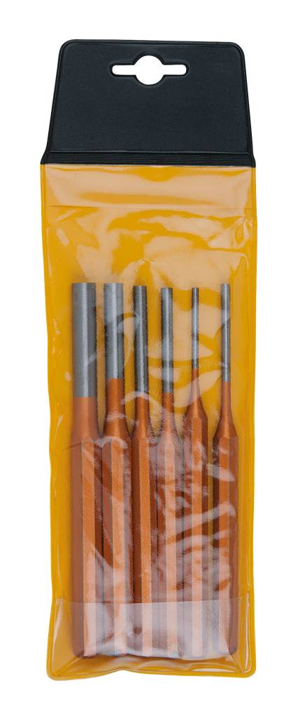 Satz mit sechs unterschiedlichen Splinttreibern in einer gelben Kunststoffverpackung, geeignet für verschiedene mechanische Arbeiten.