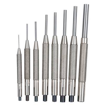 Eine Reihe von acht unterschiedlich großen Stanzwerkzeugen aus Metall mit geriffeltem Griff, nebeneinander angeordnet.