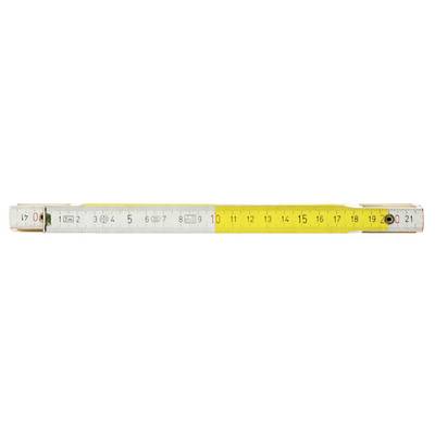 Ausgerolltes gelbes Maßband. Bühne 1 zeigt metrische Einheiten bis 17 cm. Bühne 2 zeigt Zentimeter von 11 bis 21 in Rot markiert.