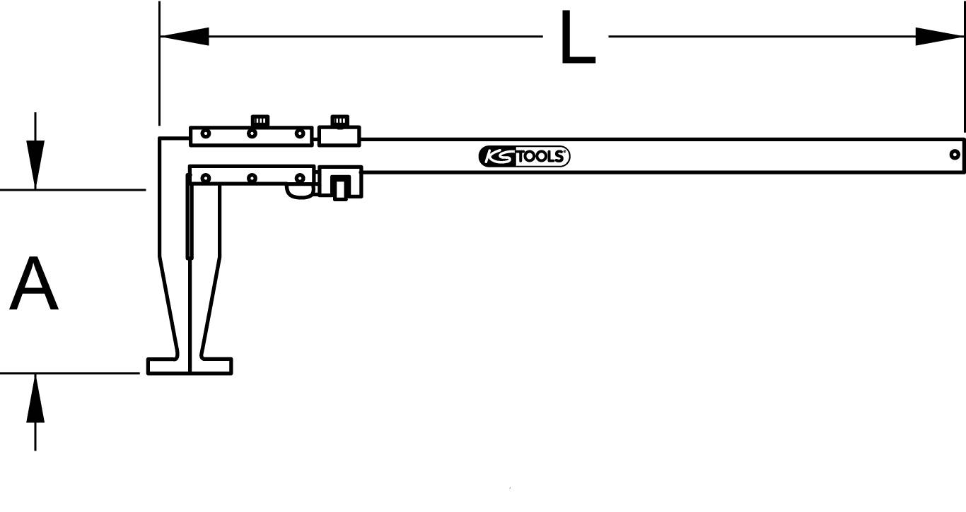 Maßzeichnung eines Eisenbahn-Radreifenabziehers. Hebelarm mit Beschriftung 'KS TOOLS'. Beschriftete Maße 'A' und 'L'.