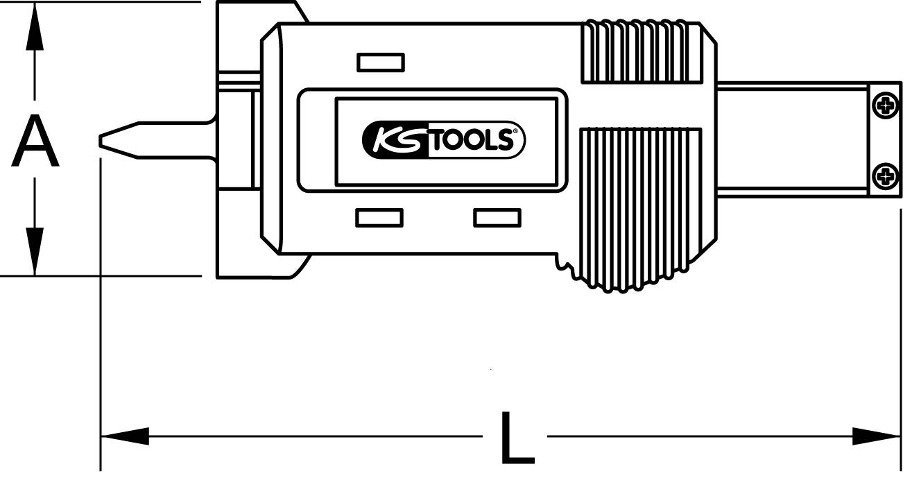 Zeichnung eines elektrischen Werkzeugs mit der Aufschrift 'KS TOOLS'. Abmessungen 'A' und 'L' sind angegeben.