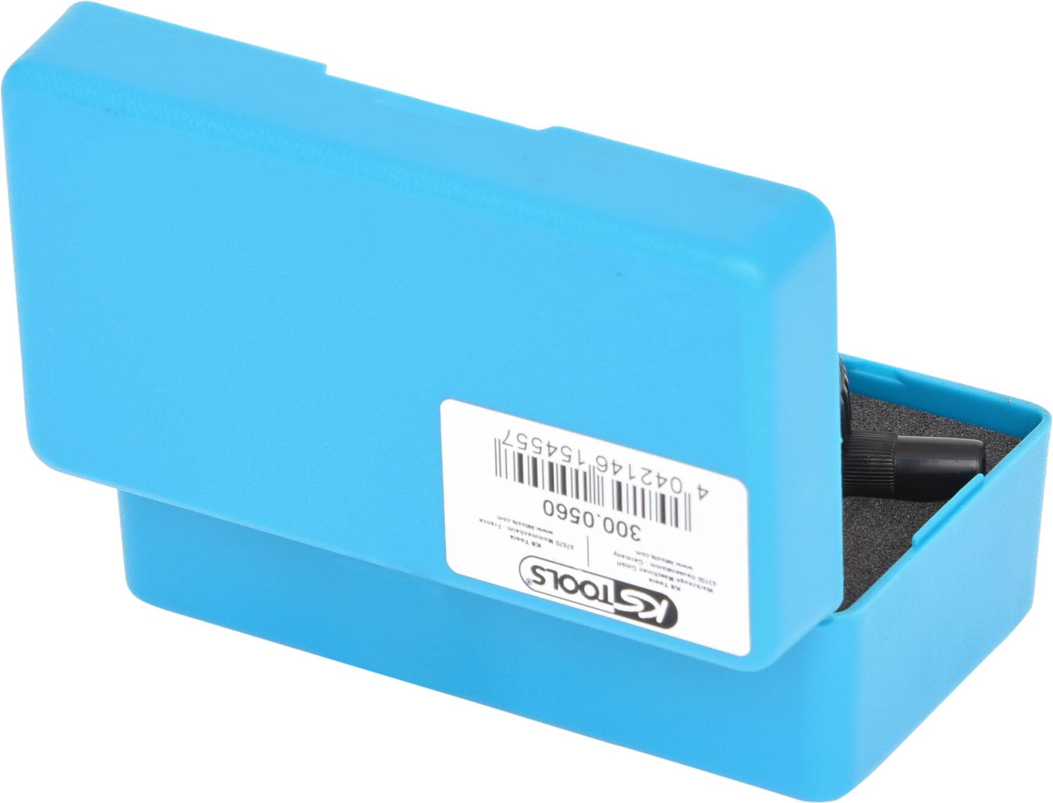 Blaue Werkzeugbox mit Deckel leicht geöffnet, zeigt Schaumstoffinnenseite. Aufkleber mit Produktcode und 'KS TOOLS'-Logo auf der Seite.