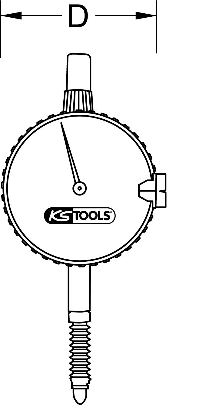 Ein Analogmessgerät mit einem Zeiger zeigt auf null. Oben ist ein Pfeil mit Beschriftung 'D', rechts steht 'KStools'.