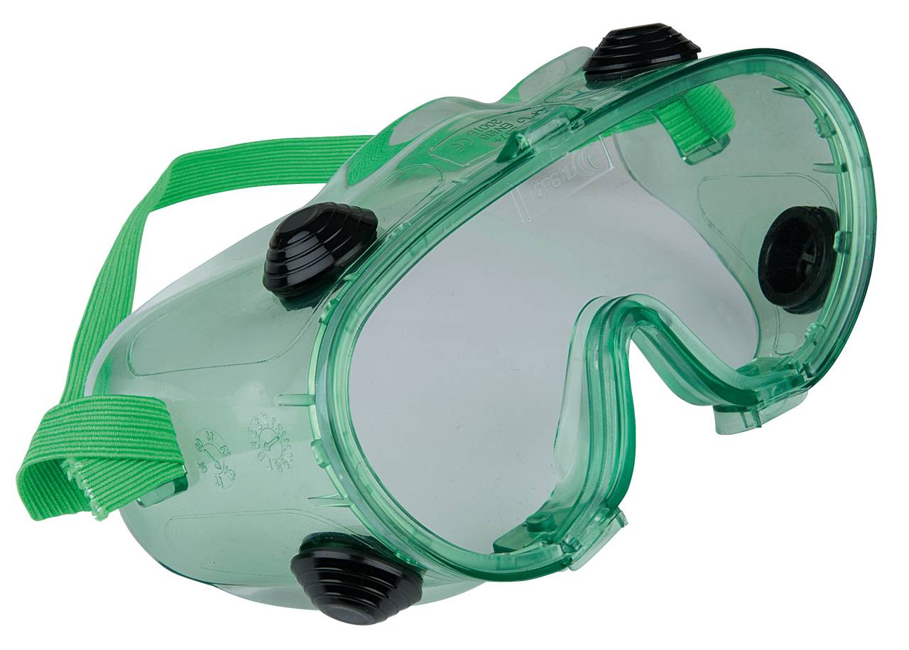Grüne Schutzbrille mit schwarzem, verstellbarem Gummiband und seitlichen Ventilen. Schutz vor chemischen Spritzern und Staub.