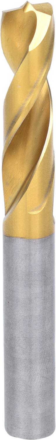 Ein zylindrischer Bohrer mit einer spiralförmigen, goldfarbigen Kante und einem silbernen Schaft.