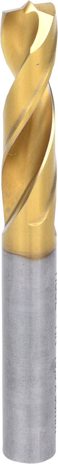 Ein spiralförmiger Metallbohrer mit einem goldenen Schnittbereich und einem silbernen Schaft zum Bohren in Metallen.