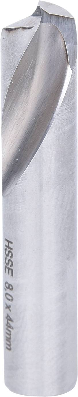 Zylinderförmiger Metallfräser mit zwei spiralförmigen Schneidkanten, graviert mit 'HSSE 8,0 x 44mm', für präzise Materialbearbeitung.