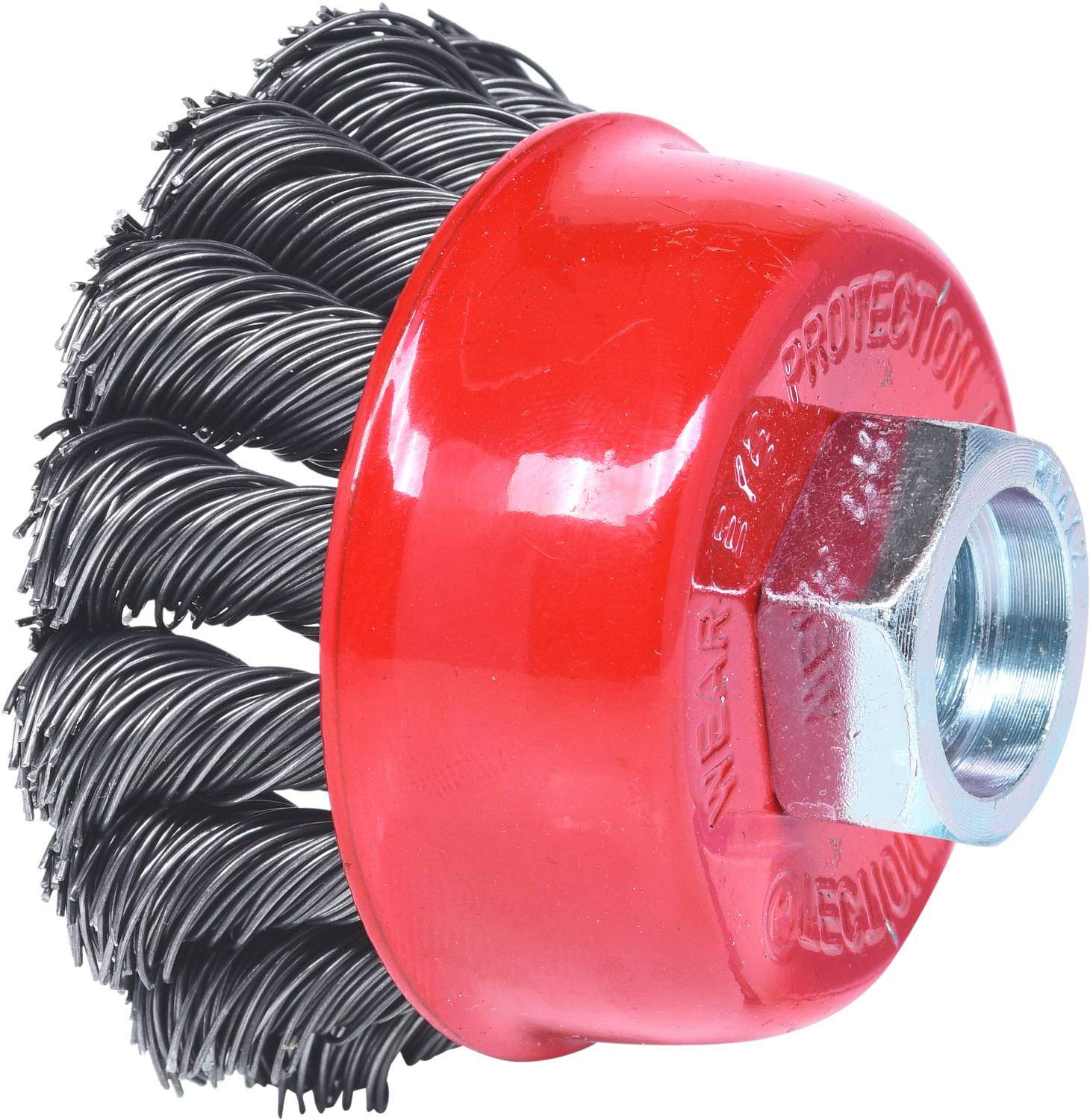 Runder Drahtbürstenaufsatz mit roten Metallgehäuse und spiralförmigen Drahtbürsten aus Stahl für Werkzeugmaschinen.