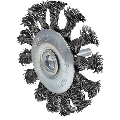 Eine Metall-Bürstenscheibe mit verwobenen Borsten zur Oberflächenreinigung oder Rostentfernung, mit einem zentralen Loch für Befestigung.