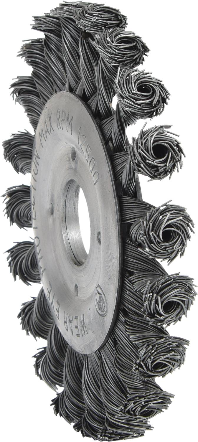 Drahtbürstenrad aus Metall mit spiraligen Borsten, verwendet zum Entfernen von Rost oder Farbe auf Oberflächen.