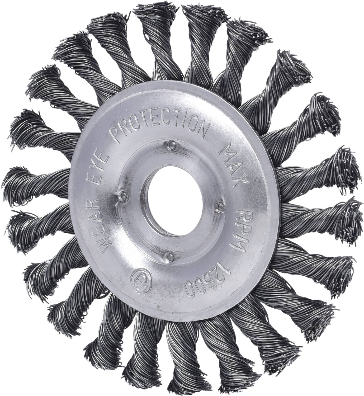 Eine runde Drahtbürste mit verdrehten Metallschlaufen, darauf steht 'WEAR EYE PROTECTION MAX 12500 RPM'.