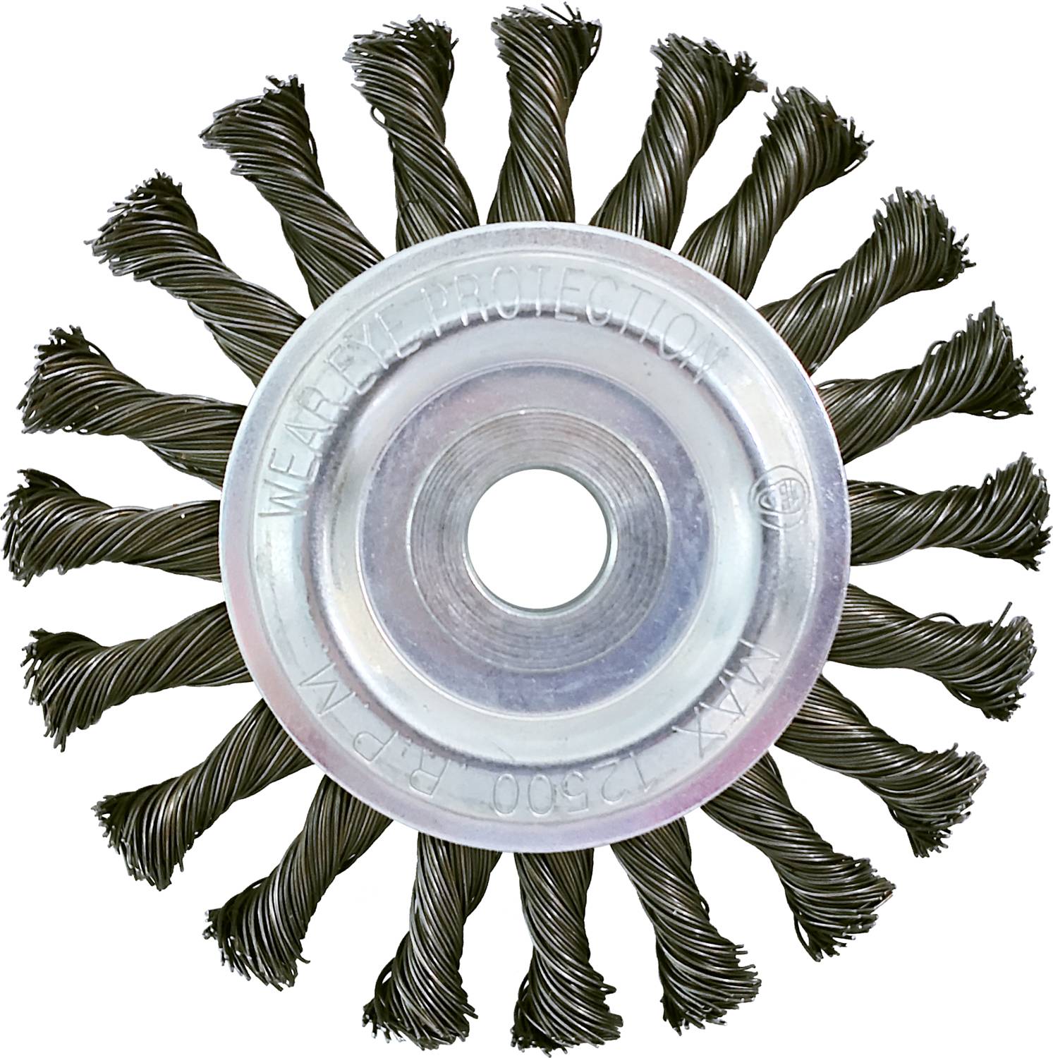 Metall-Drahtbürste mit spiralförmigen Drahtborsten, die von einer Metallscheibe gehalten werden. Hinweis 'Wear Eye Protection' auf der Scheibe.