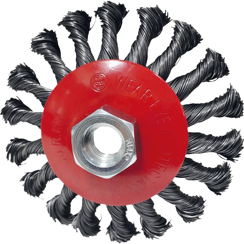 Drahtbürste für Winkelschleifer mit rotierendem kreisförmigem Design, Borsten aus verdrilltem Draht, geeignet zur Rostentfernung.