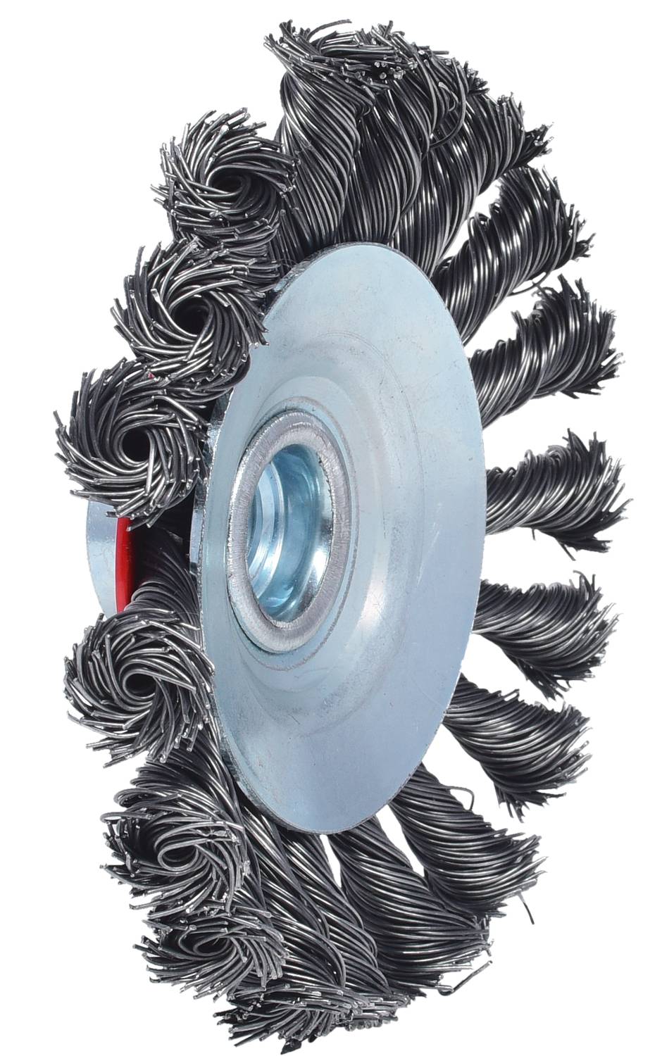 'Rundbürste mit Metallborsten, spiralförmig angeordnet und in einer Scheibe eingefasst, zur Oberflächenbearbeitung und Reinigung.'